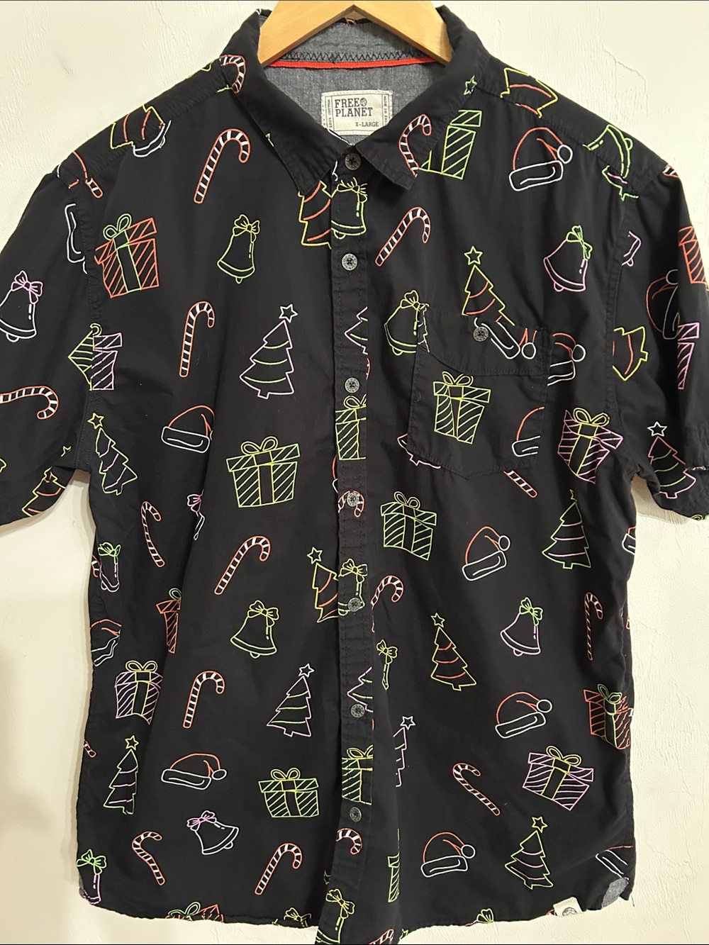 Free Planet Black Youth Short-Sleeve Button-Up with Neon Holiday Icons X-Large